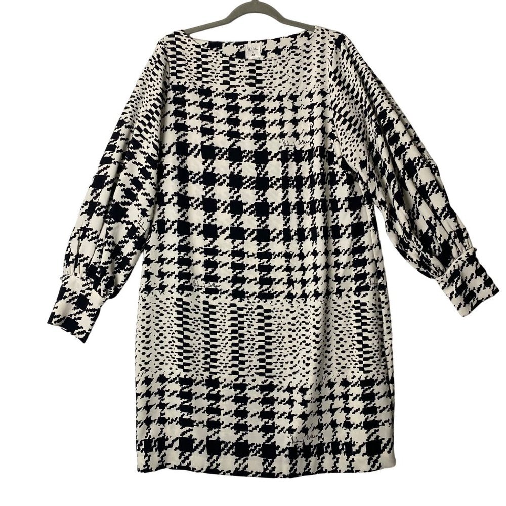 Richard‎ Allen x H&M Women Black White Houndstooth Long Sleeve Shift Dress Sz 12
